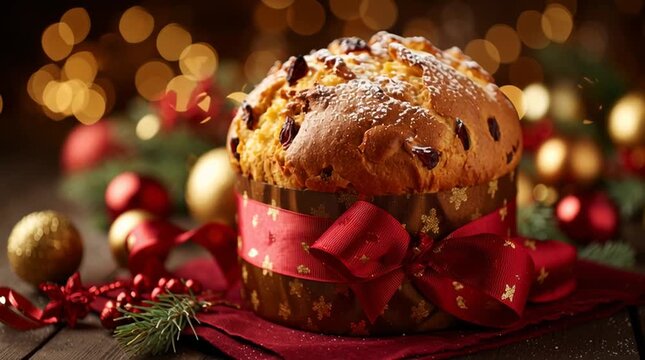 A festive panettone cake with red ribbon and christmas ornaments on a wooden table backdrop lights