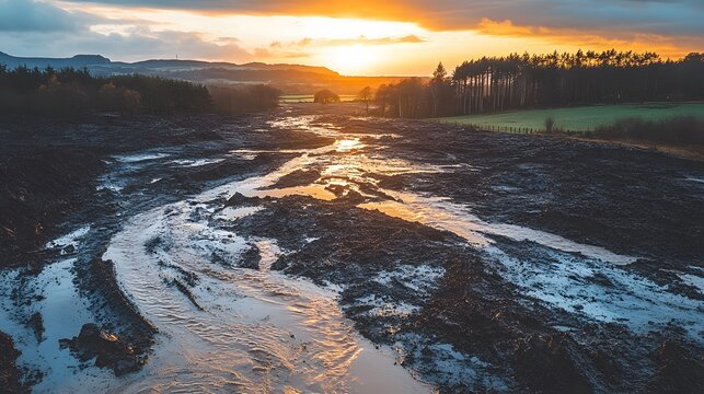 Dramatic landscape featuring a muddy foreground with a stream, trees, and distant hills under a colorful sky. Suggests natural beauty with a potential disaster background.