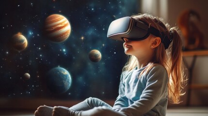 Curious child explores vibrant planets and stars through immersive virtual reality headset
