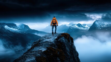 Adventurer standing on a mountain peak under dramatic skies