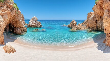 Fototapeta premium Sandy beach with clear turquoise water surrounded by rocky cliffs under blue sky.