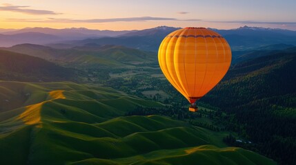 Fototapeta premium Hot air balloon soaring over lush green hills at sunset