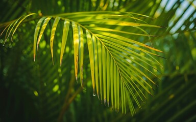 Lush green palm frond with water droplets leaf yellow