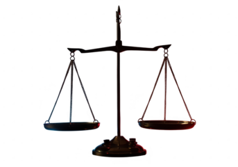 Justice scales with colorful objects in pans isolated on transparent background