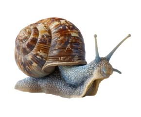 Close-up of a snail, shell patterned with brown and beige, light gray body, moving forward