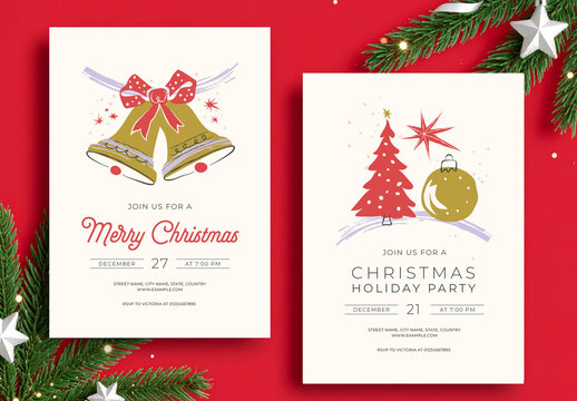 Christmas Party Invitation Card Layout with Festive Illustrations Bells