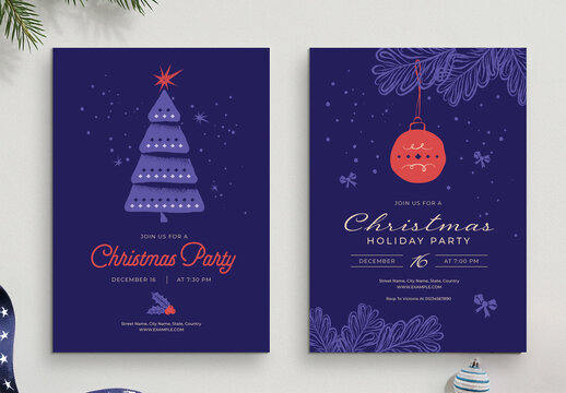 Christmas Party Invitation Card with Festive Navy Blue Accents
