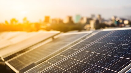 Fototapeta premium Solar panel array under blue sky, capturing renewable energy concept with golden hour sunlight.