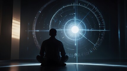 Echoes of Thought in Calm Light : A contemplative depiction of cognitive resonance and digital awareness through symbolic light waves radiating from the human mind.