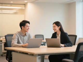 Two professionals collaborating at a shared desk in an office setting