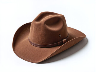 Brown suede cowboy hat on plain white background, top-down view, soft shadow, product-focused style.