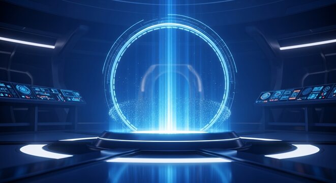Futuristic glowing portal in control room with digital interface