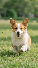 A happy corgi dog running joyfully on a grassy field