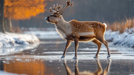 Majestic Reindeer Walking on a Frozen Lake with Autumn Reflection
