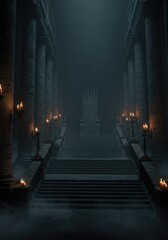 Fototapeta premium A hyper-realistic digital artwork depicting a vast, ancient stone hall with a cold, eerie, and solemn mood. The grand architecture is composed entirely of weathered gray stone. 