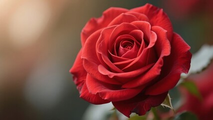A vibrant red rose in full bloom with a soft, blurred background.