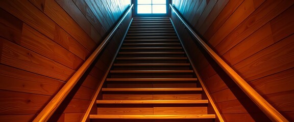 Ascending wooden stairs, warm lighting, interior setting, upward journey,  elevated,  wood