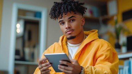 Young man using digital tablet, serious expression, indoors.