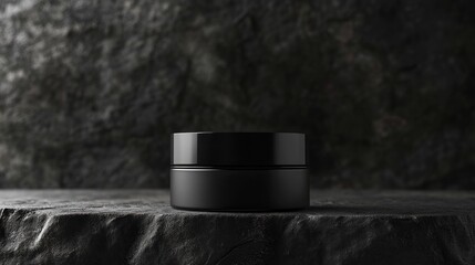 Dark, elegant cosmetic jar on a dark stone surface against a textured stone backdrop.