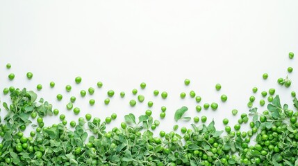 Fresh green peas and herbs border on white background.