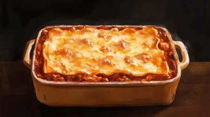 Hot, golden-brown lasagna in a baking dish, steaming.