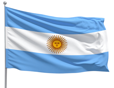 Argentina Flag Waving with Sun Emblem and Fabric Texture, isolated on transparent background.