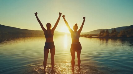 Two women celebrating victory in nature by a lake at sunrise with arms raised.