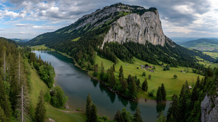 Mountain River Landscape Nature Tranquil Sky Clouds Greenery Forest Hills Valley Summit Scenic Viewpoint Alpine Countryside Meadow Lush Serene Outdoors 