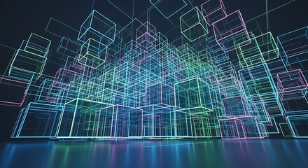 Abstract Neon Cube Grid Background Futuristic Technology Design