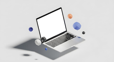 Responsive design mockup with a modern Floating laptop Macbook Pro M4, phone, and tablet featuring blank white screens on a professional workspace.