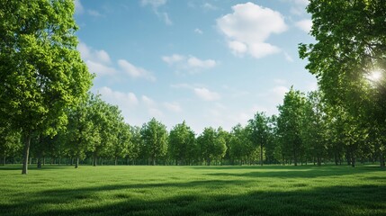 Obraz premium Serene Green Meadow Landscape with Trees and Blue Sky with Clouds