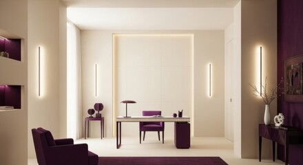 Modern home office interior design showcasing elegant purple accents and minimalist lighting, perfect for creating a stylish and productive workspace atmosphere with sophisticated style