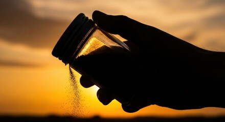 Golden hour silhouette of hand pouring spices from jar against dramatic sunset sky creates a warm, inviting culinary scene for food blogging, recipe development, or product photography