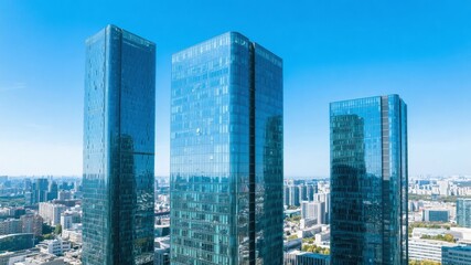 Modern glass skyscrapers towering over an urban landscape under a clear blue sky