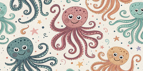 Fototapeta premium Joyful cartoon octopuses with playful tentacles create a charming and whimsical underwater scene for kids.