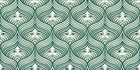 Enchanting Art Nouveau faces with flowing lines and a captivating, intricate pattern design.
