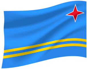 Aruba National Flag Waving in the Wind, Isolated on Transparent Background.