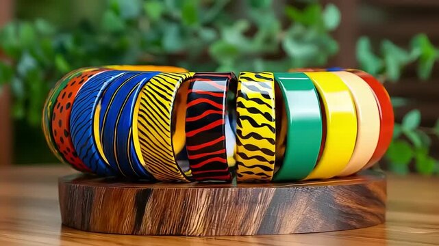 Colorful patterned bangles displayed on a wooden stand.