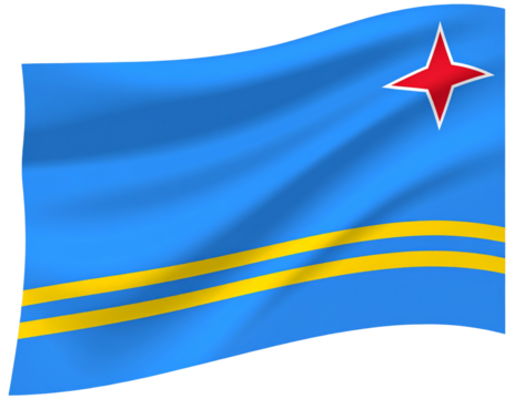 Aruba National Flag Waving in the Wind, Isolated on Transparent Background.