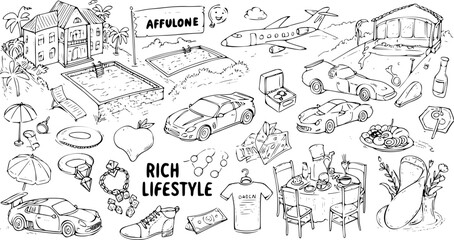 Rich Lifestyle Illustration: Luxury Cars, Private Jet, Mansion, Jewelry, Fine Dining and Opulence