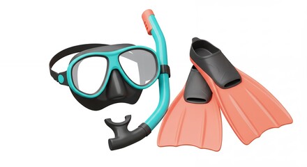Diving mask and flippers isolated against white background