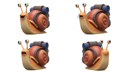 Fototapeta premium Four cartoon snails with backpacks