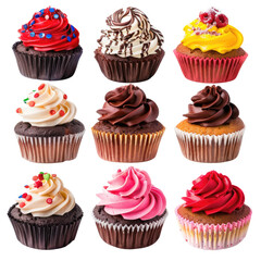 Nine colorful cupcakes in a grid pattern.  Each cupcake features a different frosting color and topping