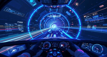 Futuristic Car Interior with HUD and Speeding Through Tunnel