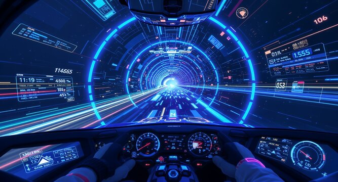 Futuristic Car Interior with HUD and Speeding Through Tunnel