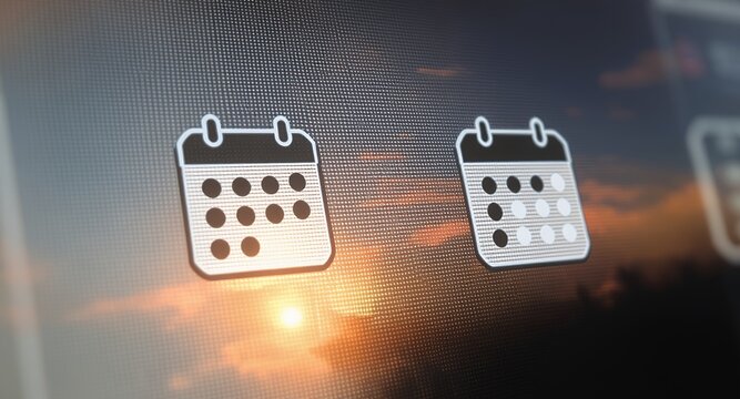 Digital Calendar Icons on Screen with Sunset Background