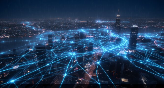 Connected Cityscape Network of Lights at Night