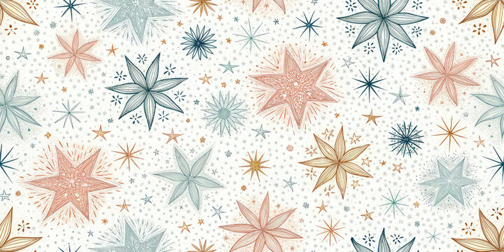 Sparkling star patterns in teal, coral, and gold create a festive, celebratory atmosphere for winter holidays