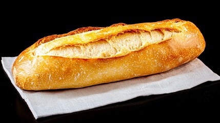 Rustic Loaf of Bread with Golden Crust on Light Linen Napkin in Studio Setting Against Dark Background