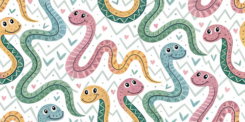 Playful cartoon snakes with happy faces create a whimsical and charming pattern perfect for kids